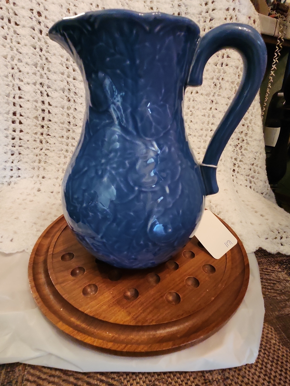 Bordallo Pinheiro Blue Ceramic Embossed Pitcher - Portugal